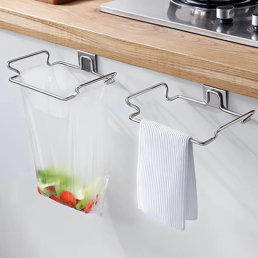 

Kitchen Trash Rack Cabinet Door Garbage Bags Holder Stainless Steel Garbage Rack With Hanging Bracket Kitchen Gadgets