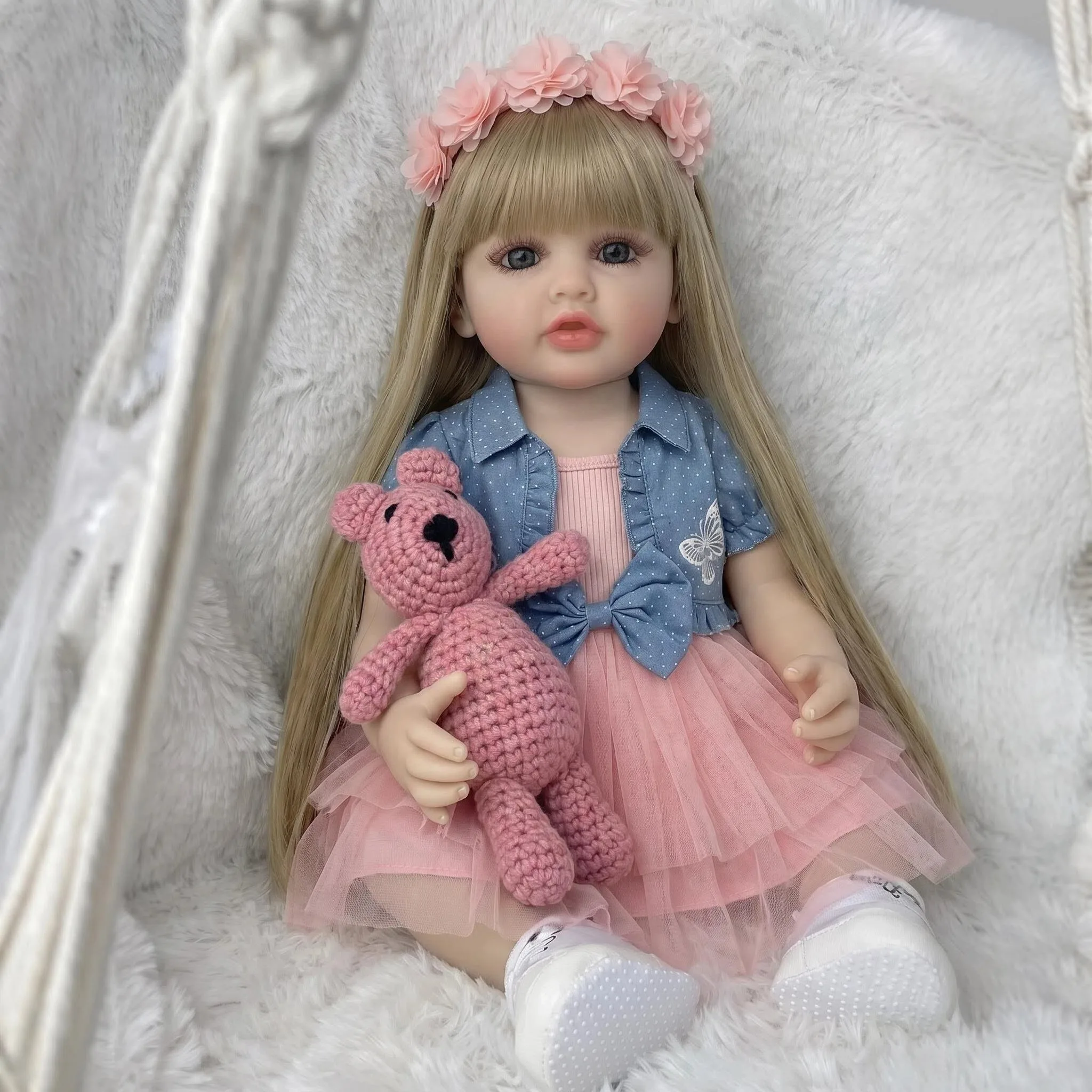 

NPK 55CM Lifelike Vinyl Reborn Baby Doll Waterproof Betty with Long Blond Hair Princess Toddler Real Touch Collectible Doll