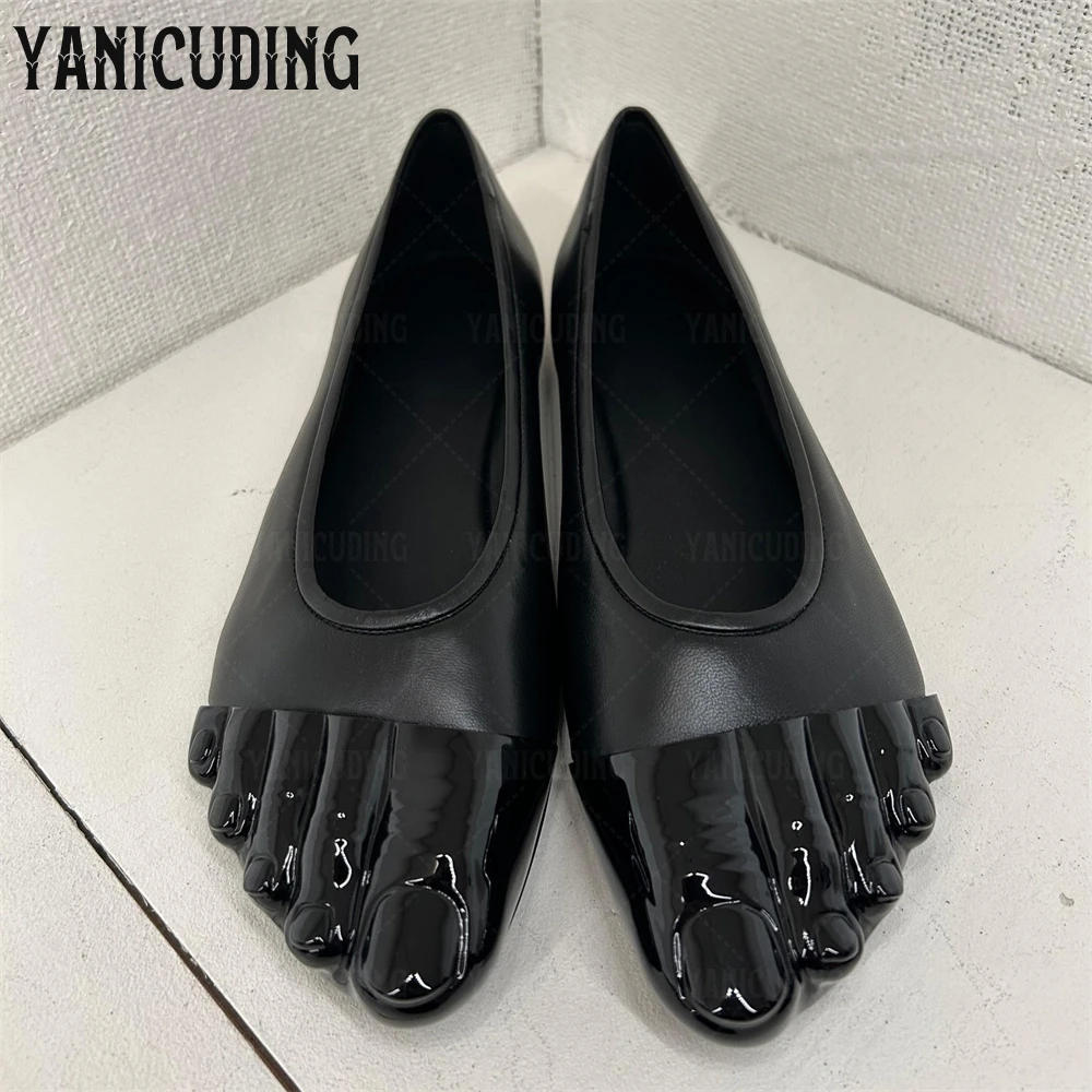 Five Toe Leather Ballet Flats Novelty Designer Style Ballerinas Moulded Fingers Black Leather Shoes Unique Individual Toes Flats
