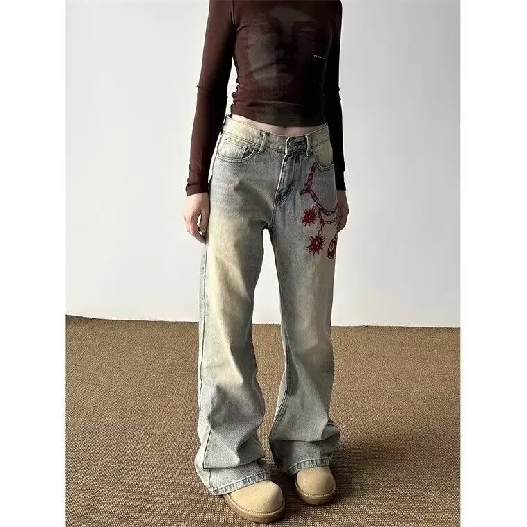 Chain embroidery pattern wide leg unisex jeans cool boys fashion bottoms loose denim trousers men's personality trend