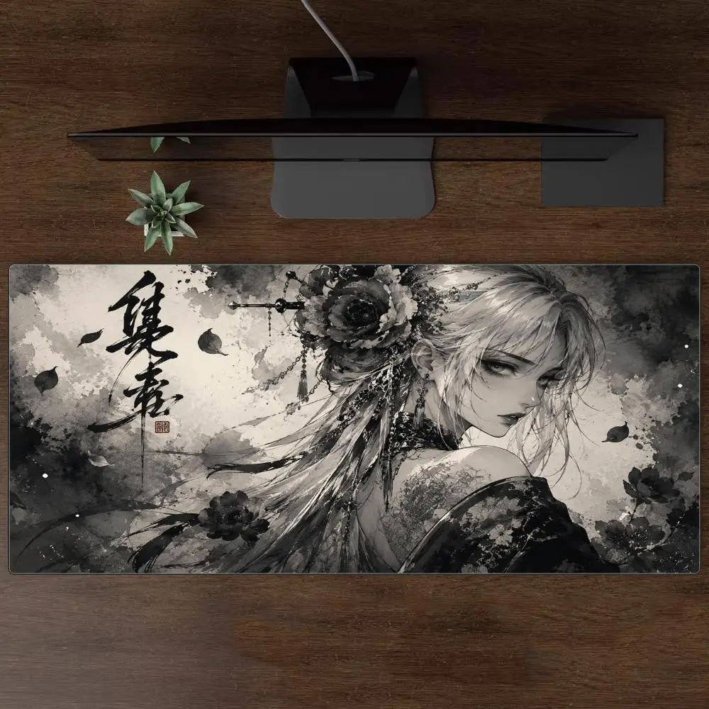 Oriental Ink Wash Style Large Desk Mat Ancient Chinese Beauty Floral Hair Ornament Art Mousepad Decor Keyboard Pad for PC Laptop