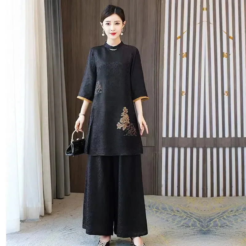 

Autumn Women Embroidery Wide Leg Pants Two-piece Set Korean Lady Large Size 6XL Cheongsam Suit 2025 Female Fashion Print 2PCS