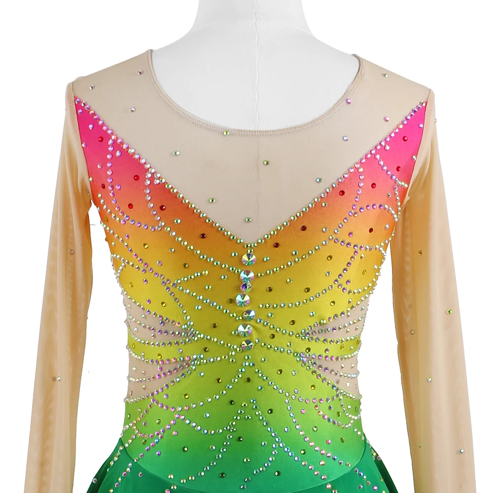 Zagitova Figure Skating Dress For Women Girls Ice Skating Skirt Long Sleeve Princess Gradient Rainbow Color Butterfly Diamonds