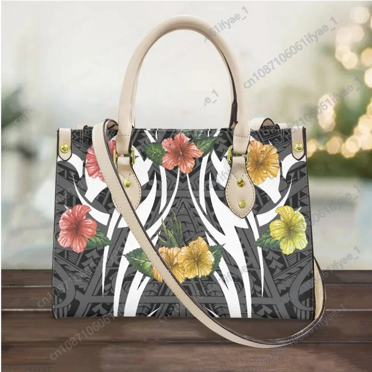 Polynesian Hibiscus Flower Long Shoulder Strap Tote Bags Tribal Style Top Handle PU Leather Messenger Bag Trend Small Clutch