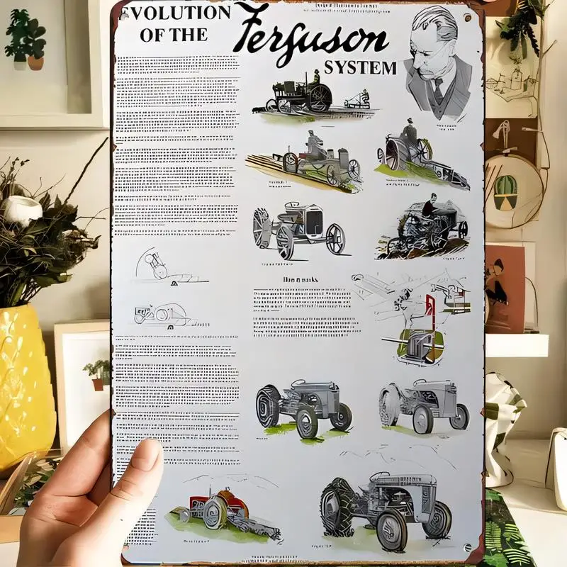 Vintage Metal Tin Sign - Evolution of Ferguson System Tractors Retro Art, Iron Wall Decor for Farmhouse/Garage, 20x30cm Room Dec