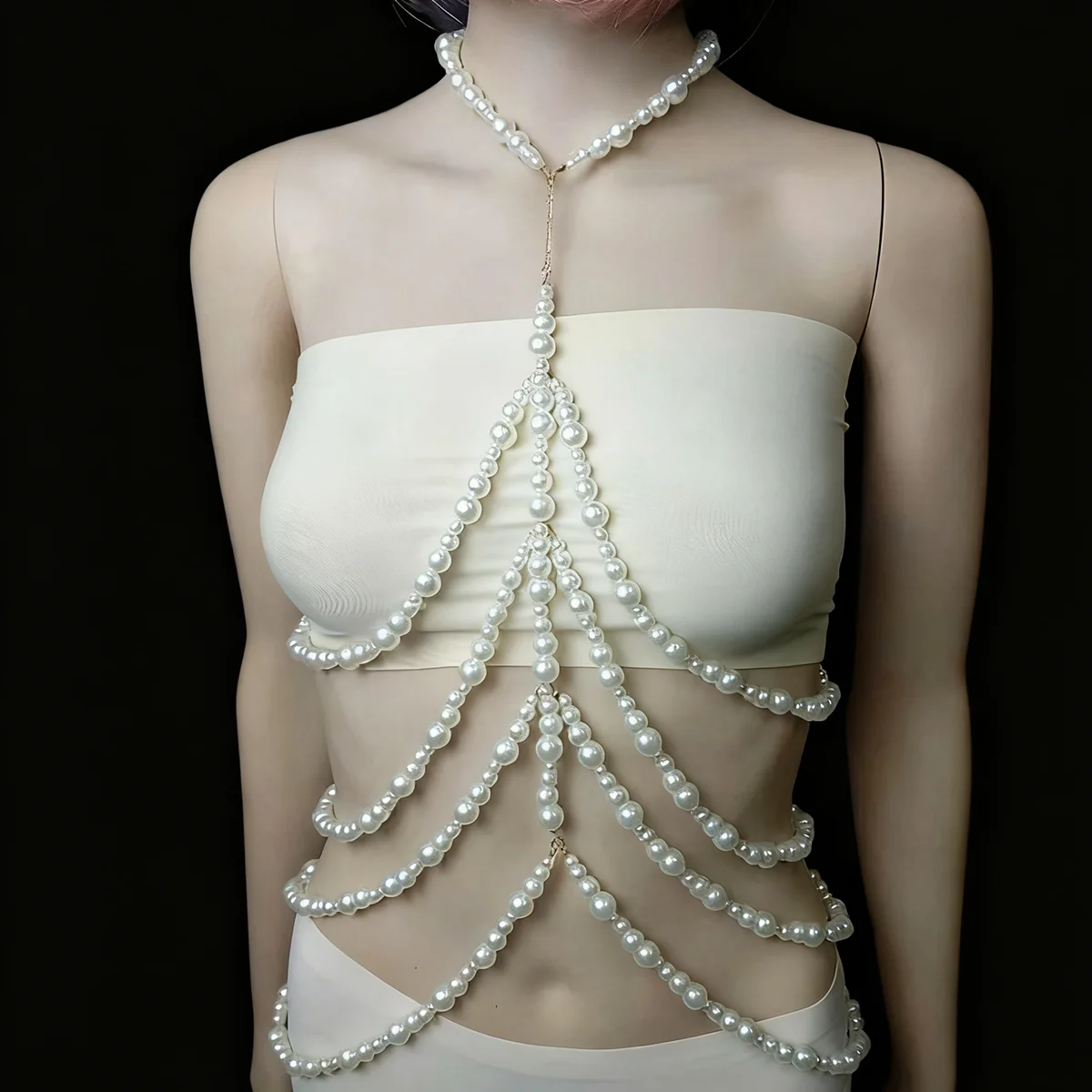 

Fashionable Multi-Layer Wave Tassel Chain Pendant Necklace Pearl Body Chain European And American Style Elegant Dangle Choker