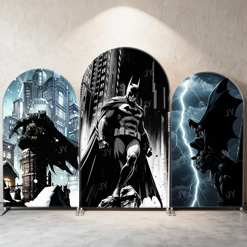 

Batman Monochrome Comic Theme Arch Backdrop Cover Snowy City Cartoon Background For Kids Birthday Baby Shower Party Decoration