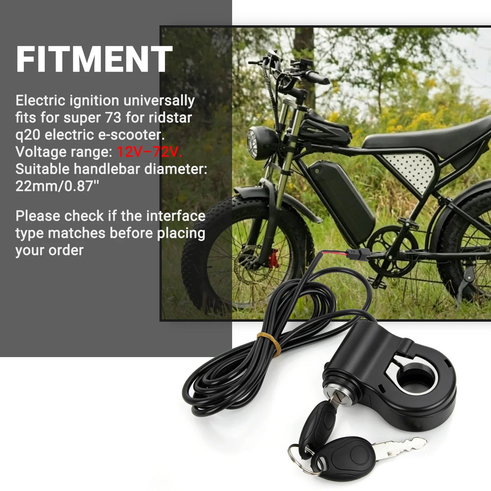 12V-72V Ebike Key Ignition 2 Wires Ignition Lock Key Switch with 2 Key for Super 73 for Ridstar Q20 Electric E-Scooter Universal