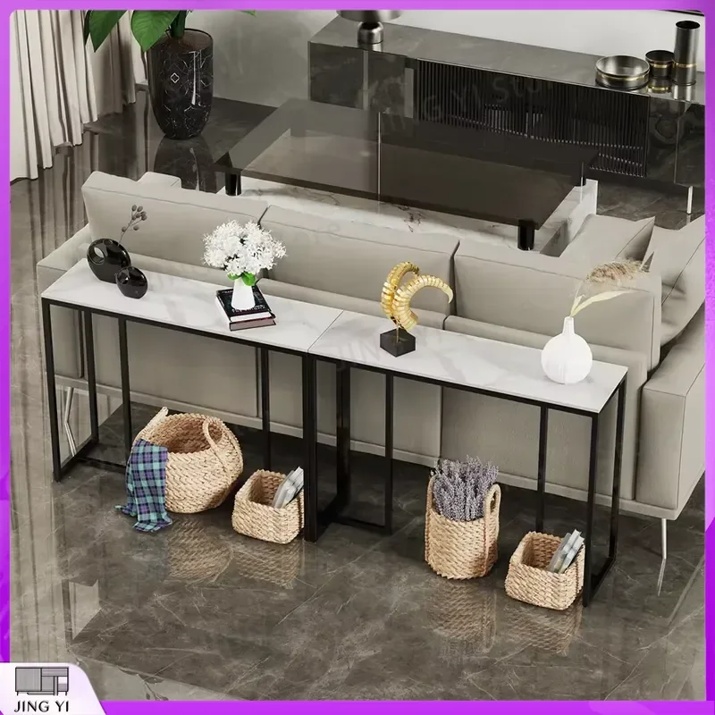 Narrow Entrance Console Table 1M Long Hallway Porch Sofa Table with Sintered Marble Top Black Metal Legs for Living Room