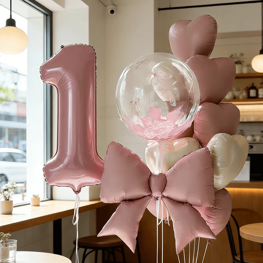 18-teiliges Rosa Geburtstagsparty-Set, 32-Zoll-Zahlen- und 0-9-Folienballons, Transparente, Matte Rosa Schleifen, Macaron- und Creme-Herzballons Deko