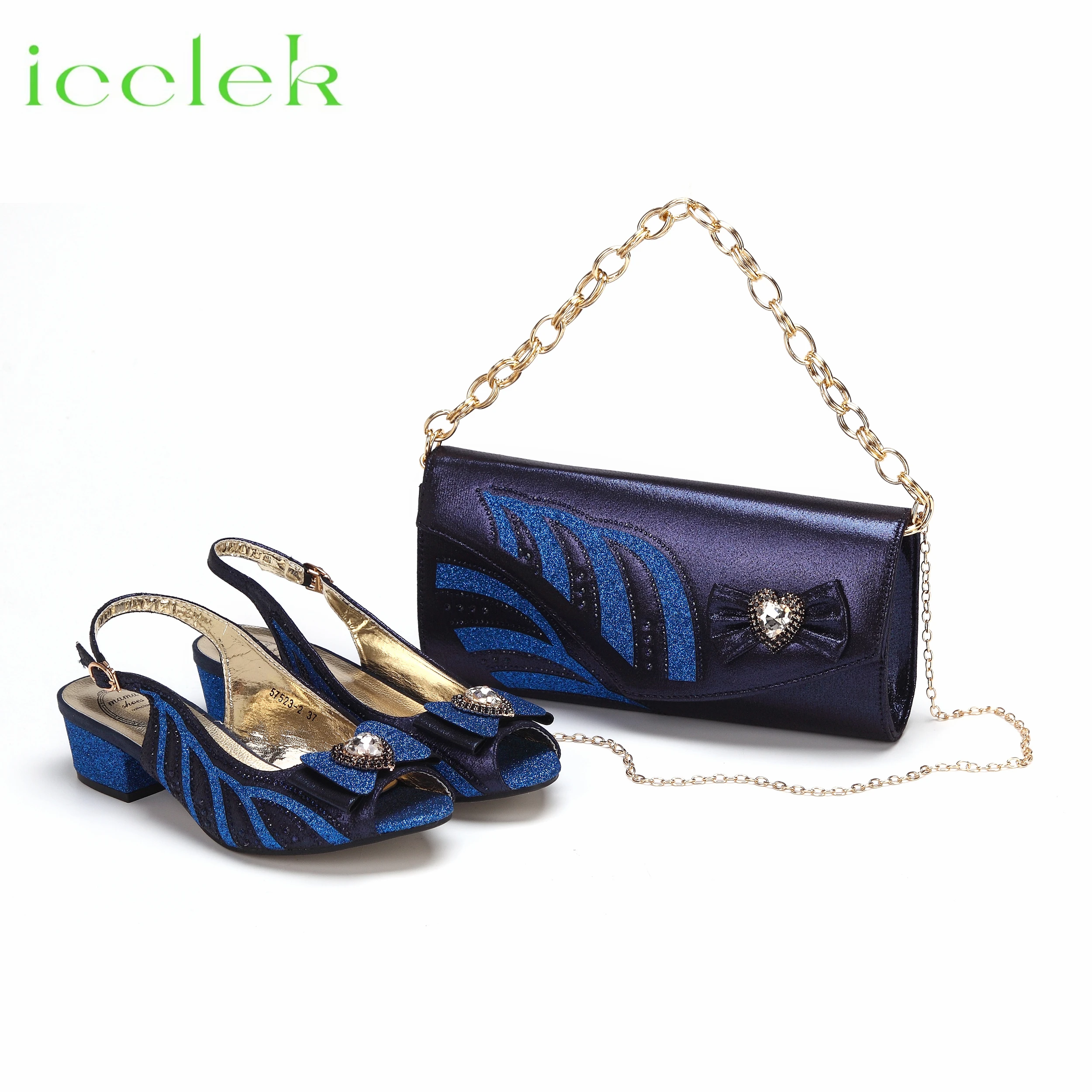 

2024 New Arrival Shoes Matching Bag Set Navy Blue Mixed Colors Decorated with Crystal For Ladies Wedding Party