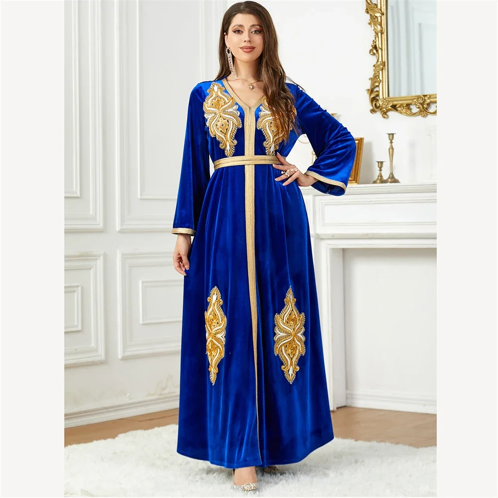 Velluto ricamato Abaya per le donne di moda musulmano inverno caldo lungo maxi abito caftano tacchino arabo caftano Dubai abiti marocchini