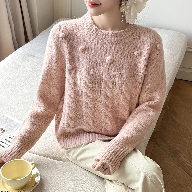 

REALEFT осенне-зимние вязаные толстые женские свитера, новинка 2025 года, свободный пуловер с длинными рукавами и круглым вырезом, вязаные женские топы