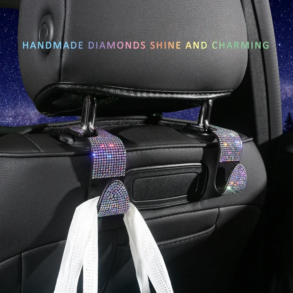 2PCS Car Seat Back Hook Bling Crystal Diamond Hanger Universal Auto Headrest Mount Storage Holder Car Accessories for Girls