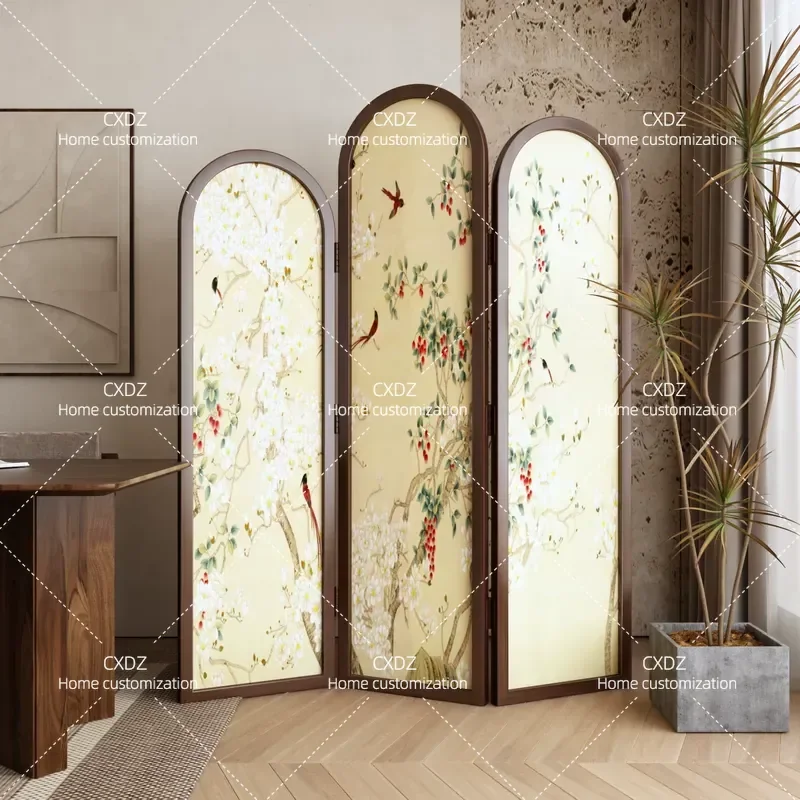 Foldable Screen Partition for Living Room Bedroom Mobile Room Divider with Flowers and Birds Pattern Antique Style Entrance