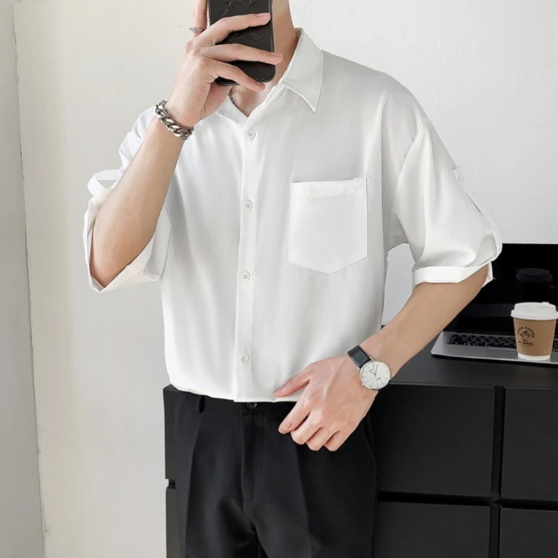 Pure Shirts Men Baggy There Quarter Sleeve Clothing Minimalist Gentle Harajuku Camisas Summer Preppy Korean Fashion Soft Temper