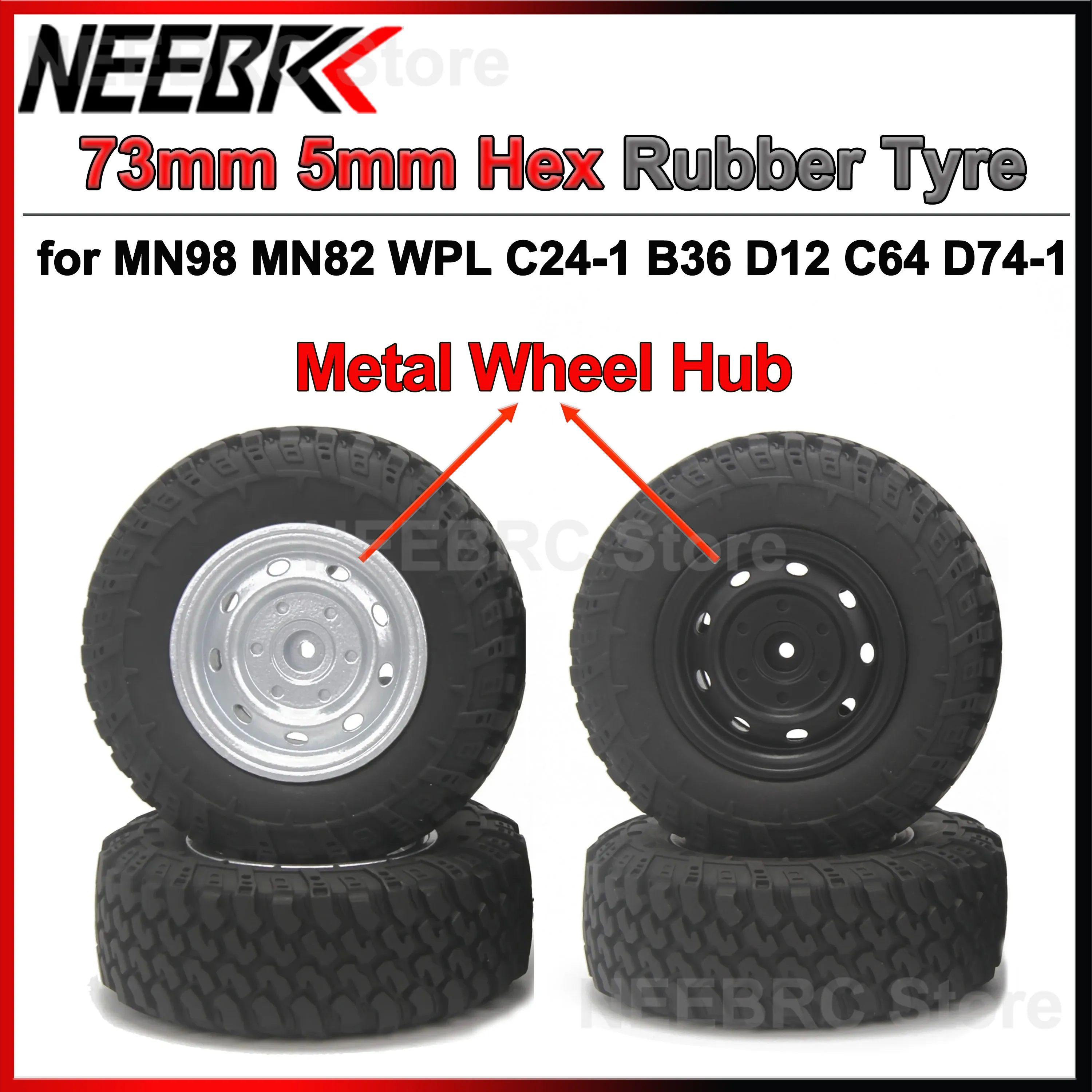4PCS 73mm Crawler Off Road Rubber Tires Metal Wheel Hub 5mm Hex for RC Car MN98 MN82 WPL C24-1 B36 D12 C64 D74-1 Upgrade Parts