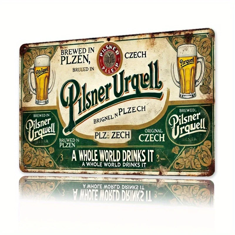Vintage Pilsner Urquell Metal Tin Sign - Weatherproof, Pre-Drilled, Retro Beer Decor for Home, Garden, Cafe, Garage - Indoor/Ou