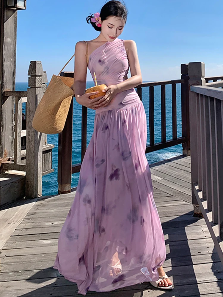 

Summer Purple Print Mesh Chic Inclined Shoulder Sexy Dress Women Elegant Casual Beach Long Dress 2025 Korean Fashion Party Dress