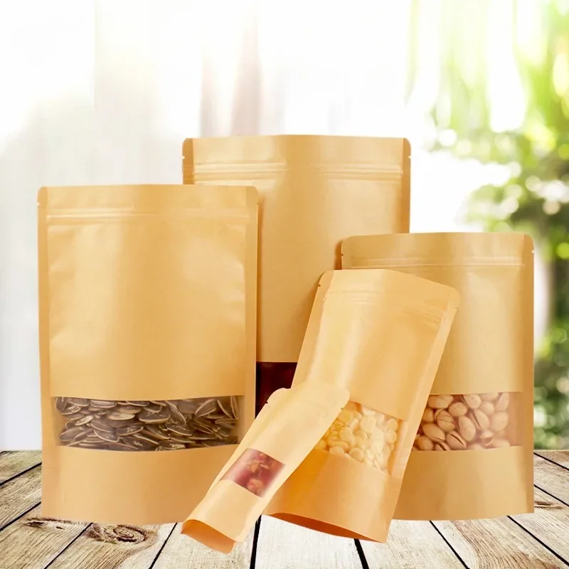 50PCS Kraft Paper Clear Window Ziplock Packaging Bag Stand Up Snack Sugar Coffee Candy Beaf Dates Heat Sealing Storage Pouches