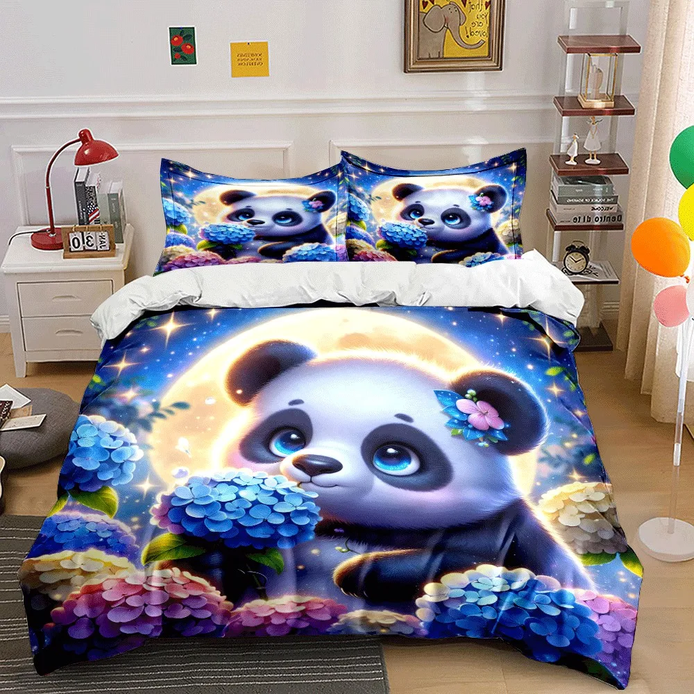 Cute Panda-Themed Floral Collection Exquisite three-piece bedding set gift for kids and adults
