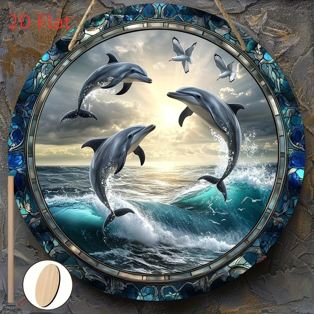 2D Dolphin Shaped Wooden Round Disc Home Decor Marine Conservation Theme Hanging Artwork Ideal Gift for Animal Lovers
