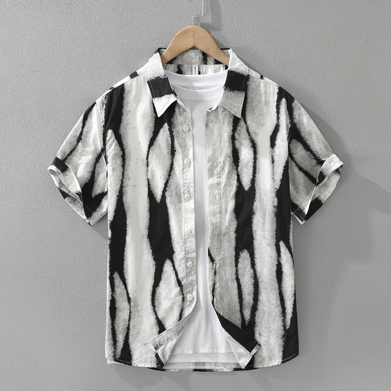 Men's retro striped printed design short sleeved shirt, fashionable and versatile, simple and breathable, casual and loose top