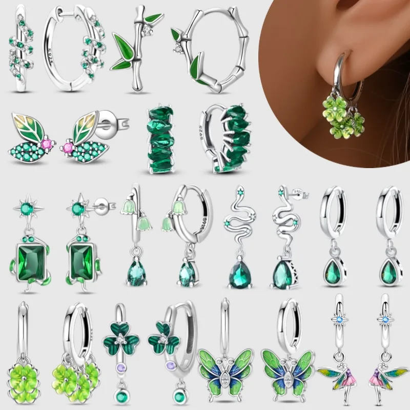 925 Silver Green Series Lucky Grass, Stone Inlaid Ear Buckle Suitable for Women's Wedding, Engagement, Birthday Party Gifts