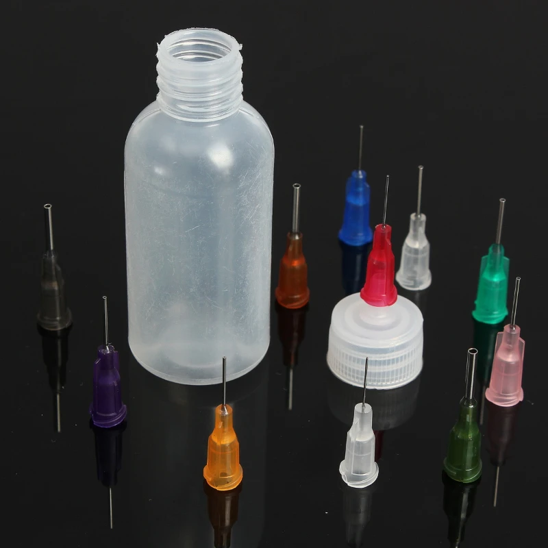 1Set 30ml/50ml Transparent Polyethylene Needle Dispenser Bottle for Rosin Solder Flux Paste + 11 Needles Tools