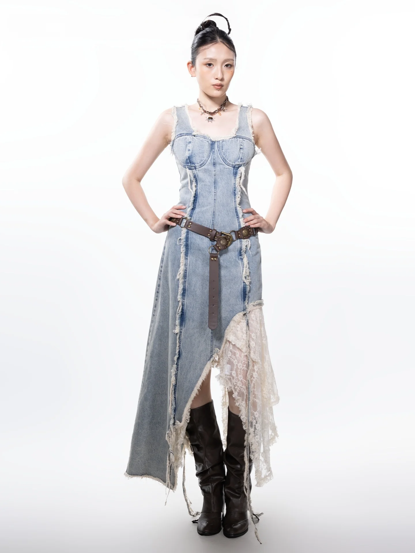 

Retro American Spicy Girl Denim Dress Women's Summer New Irregular Hem Western Cowboy Strap Dress High Waist Cotton Long Skirt