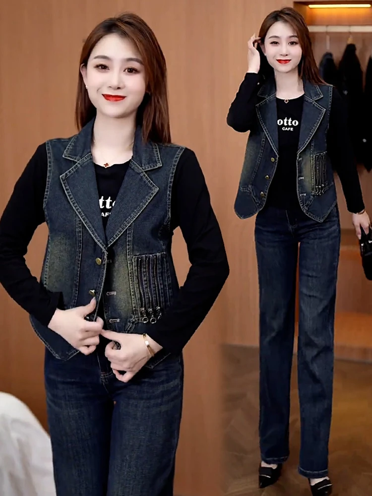 

Модный ретро-джинсовый жилет женский, весенняя новинка, маленький размер, с подплечниками, свободный крой, для повседневной носки