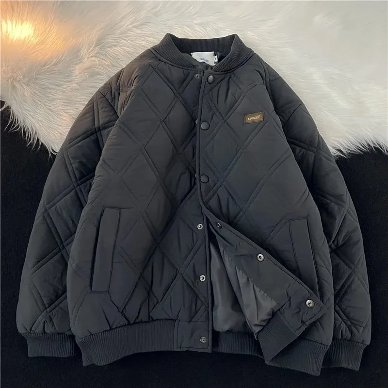 Trendy Diamond Pattern Men's Cotton Jaet Baseball Sle Coat Autumn Winter Thiened Youth Casual Loose Fit