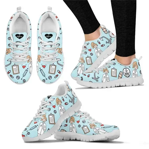 

Cartoon Sketch Physio Print Flats Shoes Women Casual Mesh Summer Nurse Sneaker Light Lacing Footwear for Teen Girls New Fashion