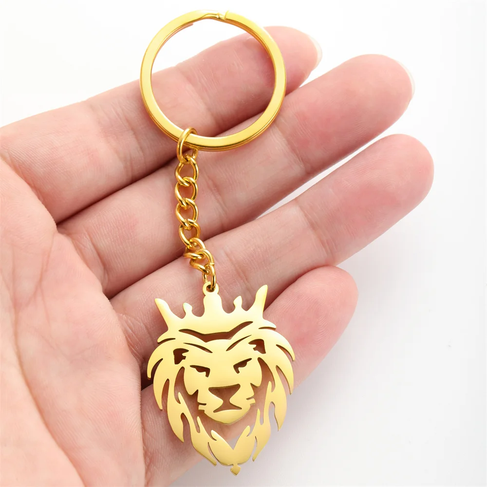 EUEAVAN Punk Hollow Out King Lion Head Pendant Keychain Stainless Steel Wild Animal Keyring for Men Hip-hop Trendy Jewelry Gifts