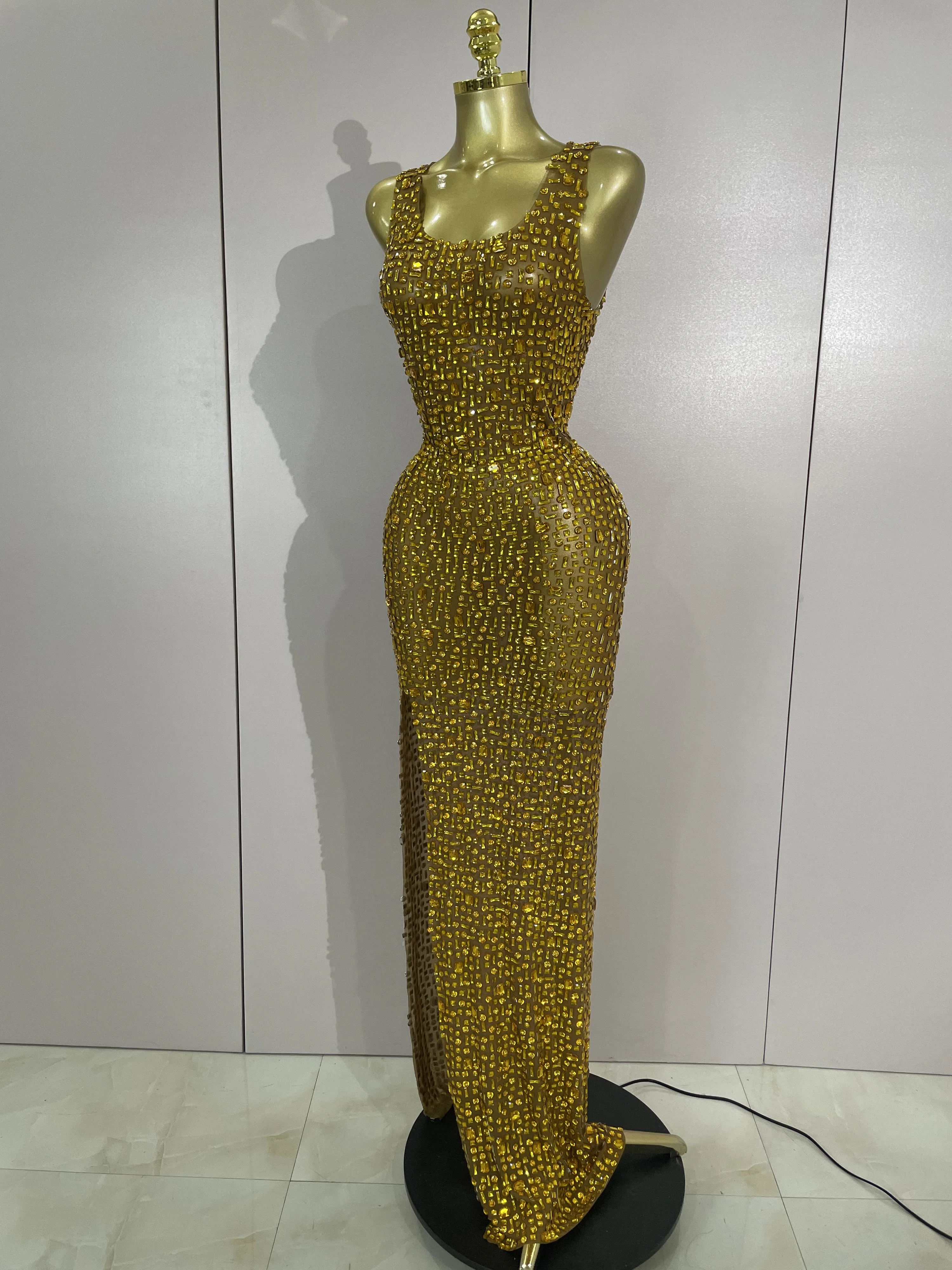 Sexy Sparkle Diamonds Mesh See Through Maxi Dress Evening Party Luxury Birthday Wedding Guest Gown NightClub Bar Stage Costumes