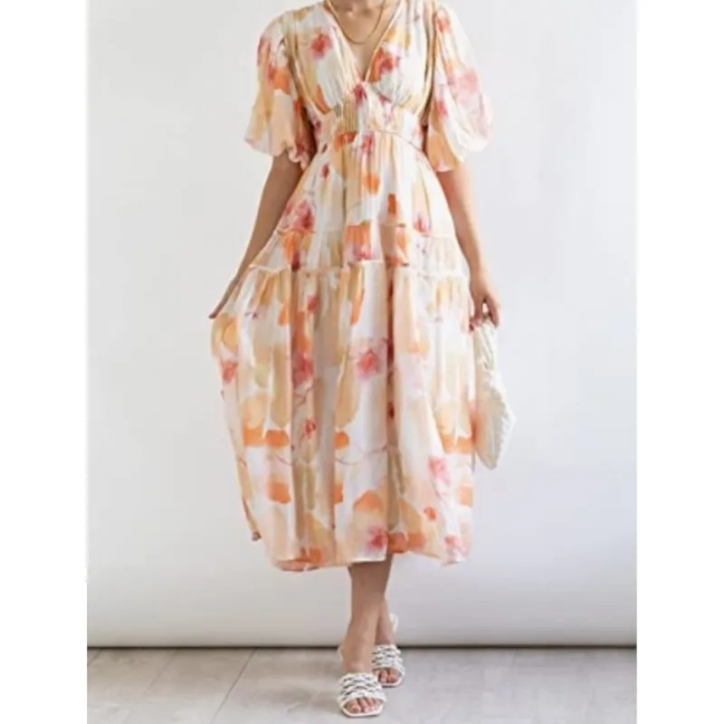 Nuovo abito plissettato a maniche lunghe autunno moda casual abito da vacanza a vita alta abito Boho stampato floreale con scollo a V mezza manica