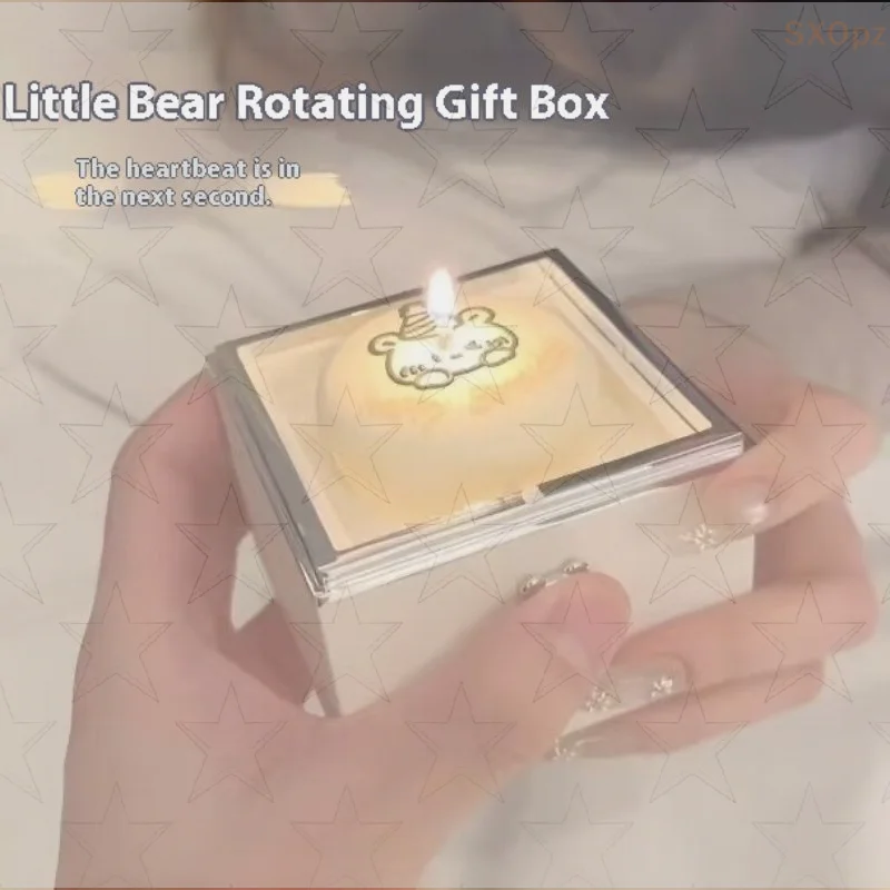 

Милая раскладная коробка для колец, вращающаяся шкатулка для драгоценностей, коробка для колец с маленьким медвежонком, подарочная коробка, романтическая вращающаяся коробка для колец на день рождения со свечами