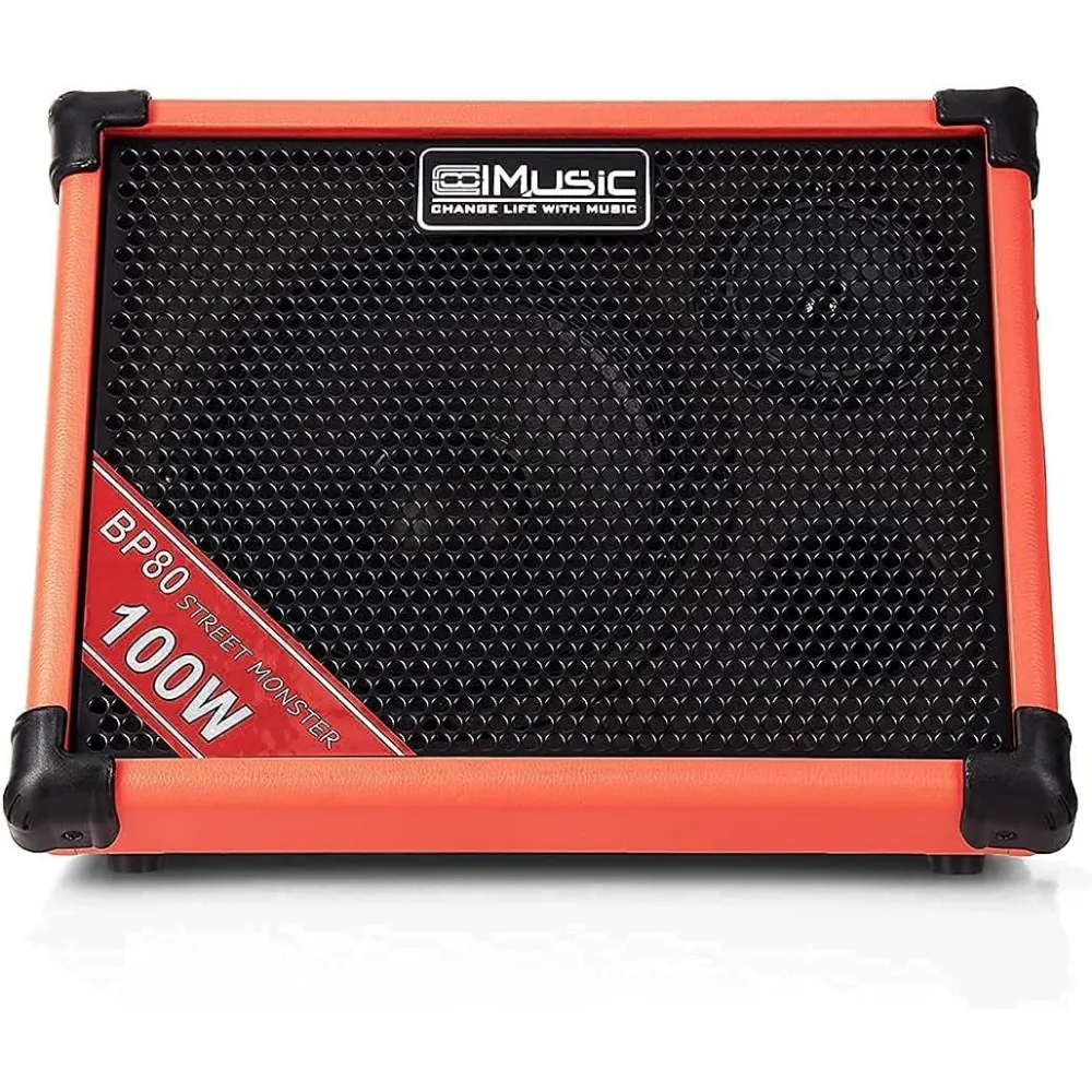 BP80 Battery Powered Acoustic Guitar Amplifier- Portable Bluetooth Speaker 100W, 6 Inputs,3 Band EQ,Orange