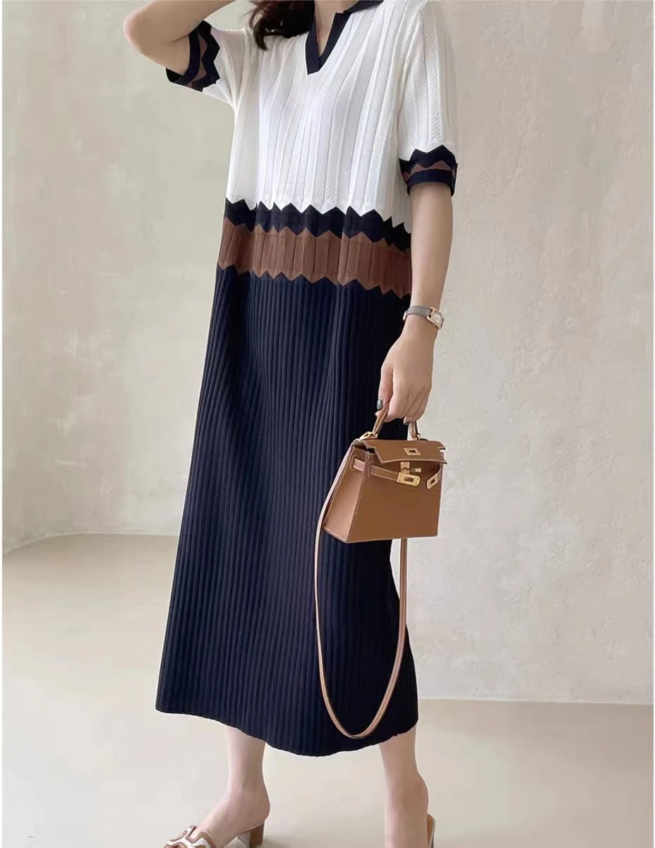 Korean Fashion Knitted Patchwork Dress Women Summer Polo Collar Half Sleeve Casual Loose Hollow Out Pleated Long Dresses Robe