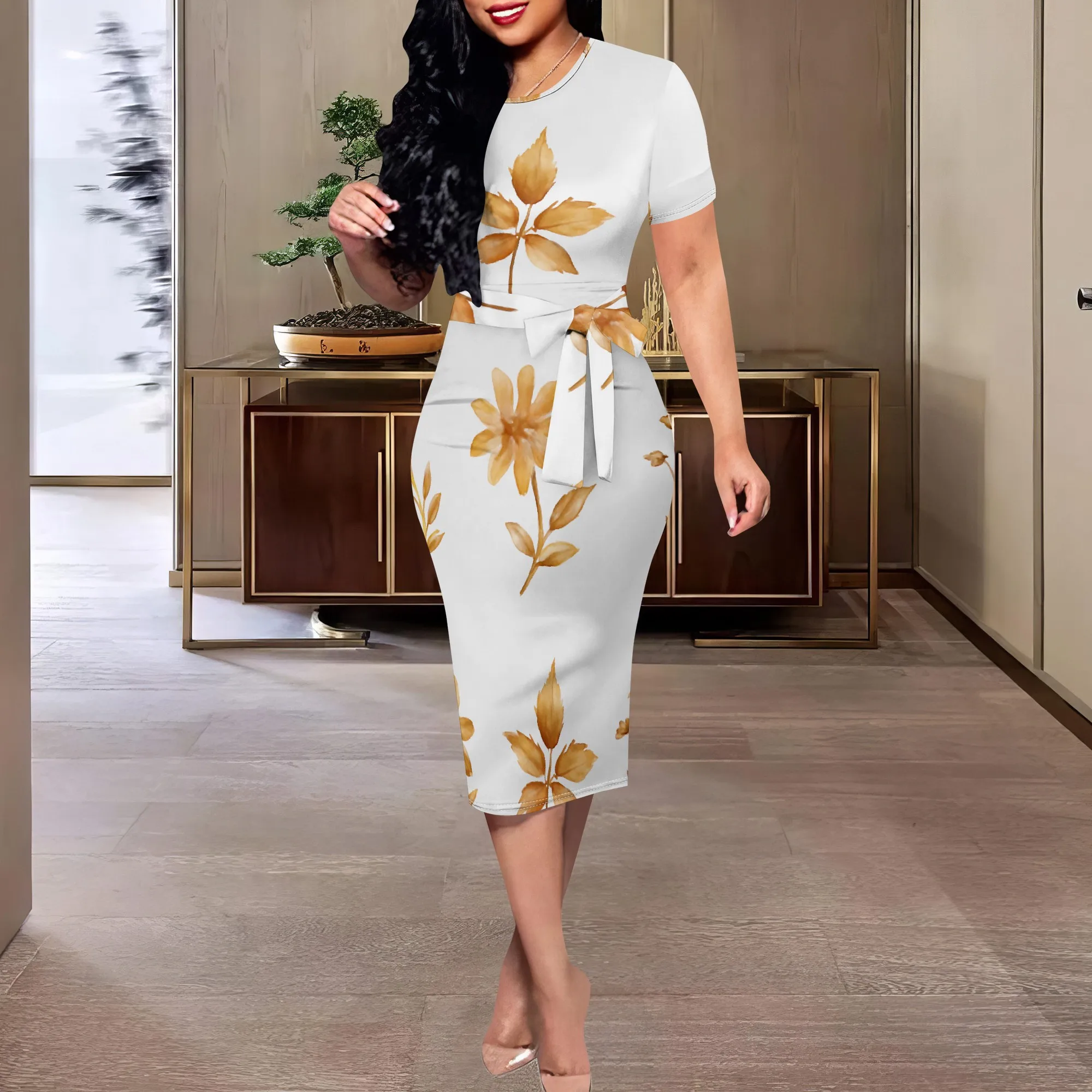 

White and Gold Floral Midi Dress XS-3XL Elegant Belted Style for Wedding Guest, Church or Mother's Day Look