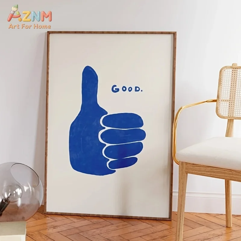 AZNM Impression sur toile minimaliste bleue avec geste de pouce levé, motif abstrait simple, esthétique positive, décoration murale pour chambre et salon