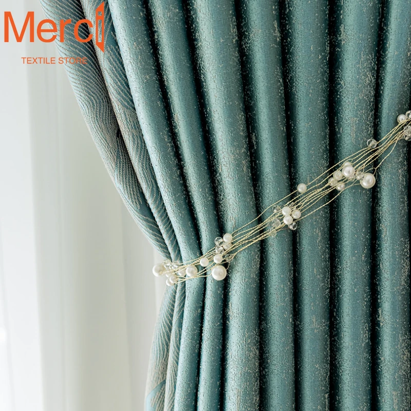 

Customized high-precision textured peacock green mica gray modern light luxury blackout Curtains for Living Dining room Bedroom