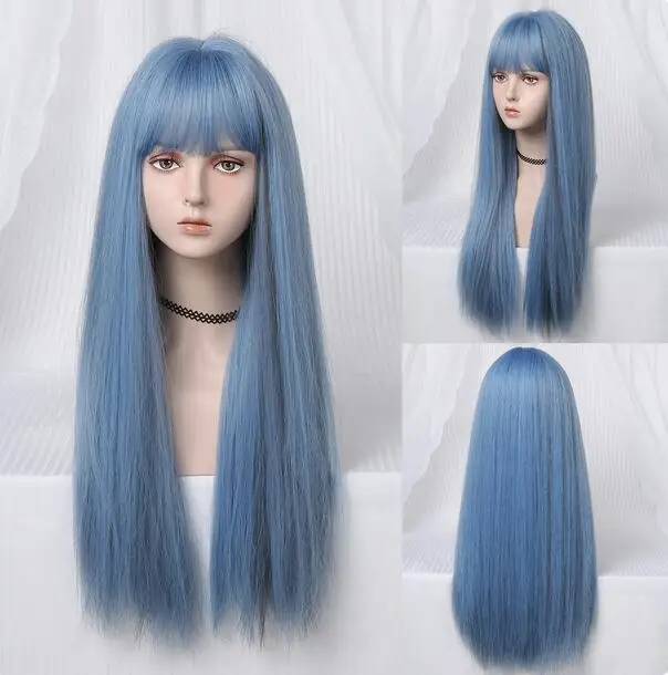 

Long Straight Synthetic Wigs Light Blue with Ash Highlight Cosplay Wig with Bangs for Women Natural Hair Heat Resistant Fiber