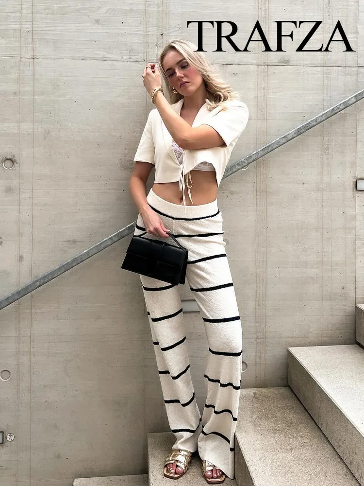 TRAFZA Women Fashion Suit Stripe O-Neck Sleeveless Sweater Vest Tops+High Waist Elastic Waist Wide Leg Pants Female Summer Sets