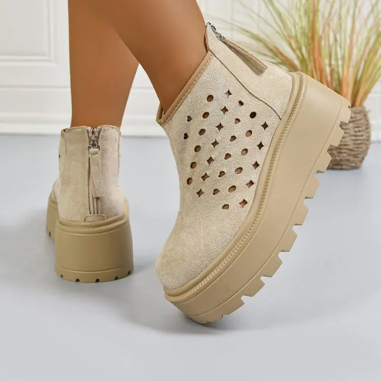 الرجعية كبيرة الحجم المرأة جوفاء تنفس أحذية بوت قصيرة 2025 جديد الخريف جولة تو الجلد المدبوغ عودة سستة المضادة للانزلاق منصة الأحذية #1