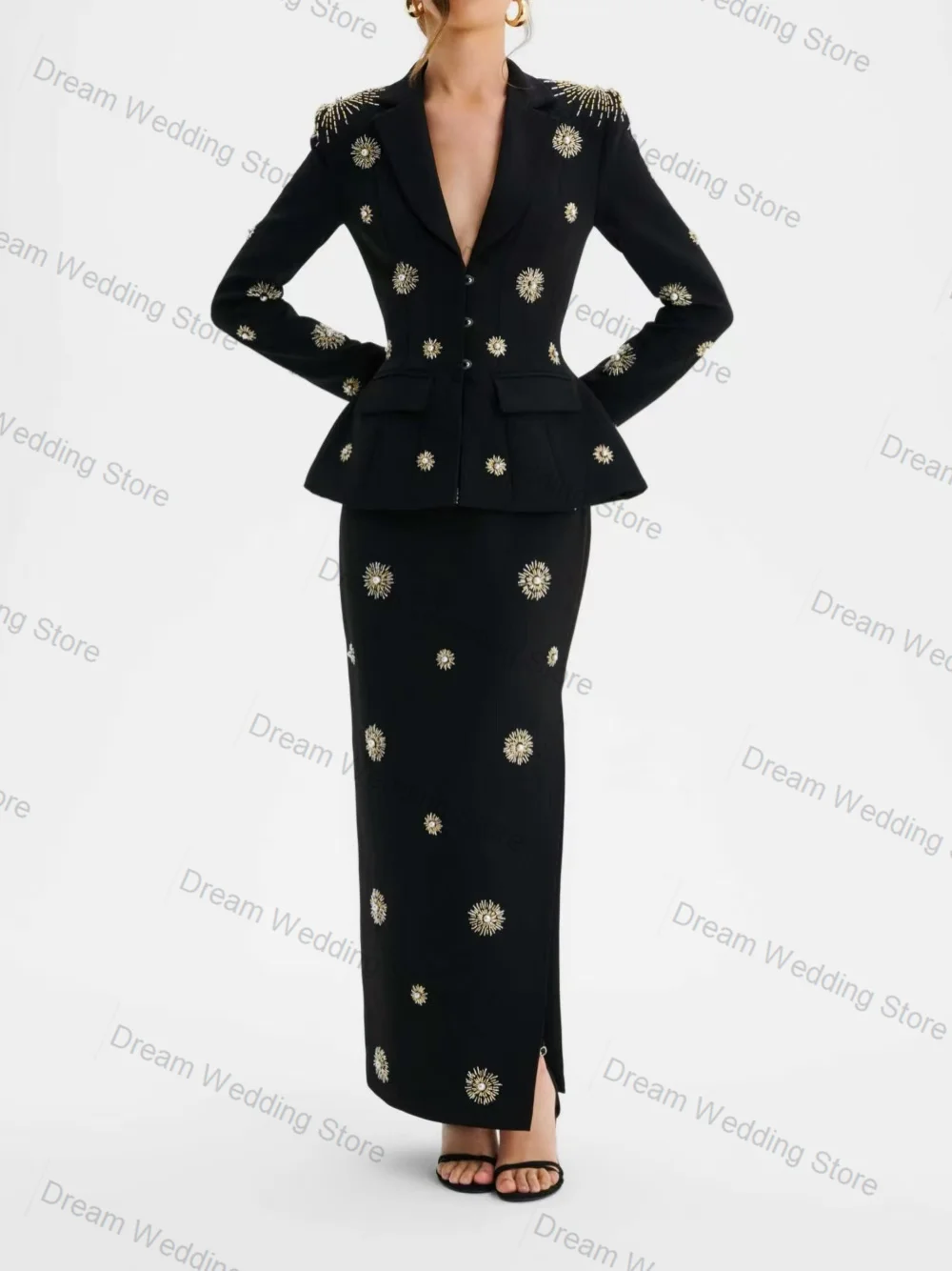 المرأة البدلة تنورة مجموعة 2 قطعة السترة فستان حفلة موسيقية بلورات فاخرة مكتب رسمي سترة حريمي مخصصة ضيف حفل زفاف معطف #1