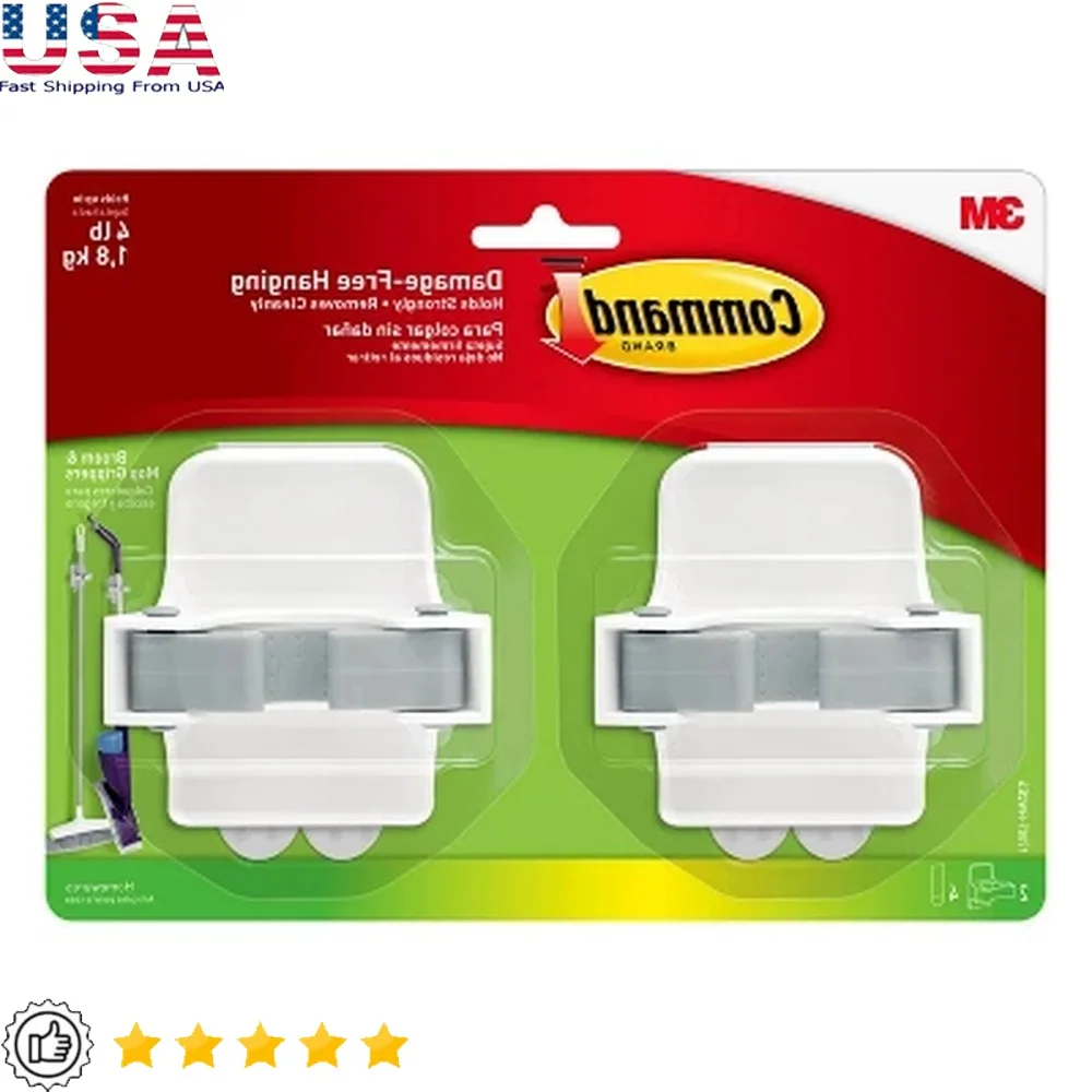 

Broom Mop Gripper Set 2 Holders 4 Strips Damage Free Storage No Marks Clean Removal Heavy Duty Plastic