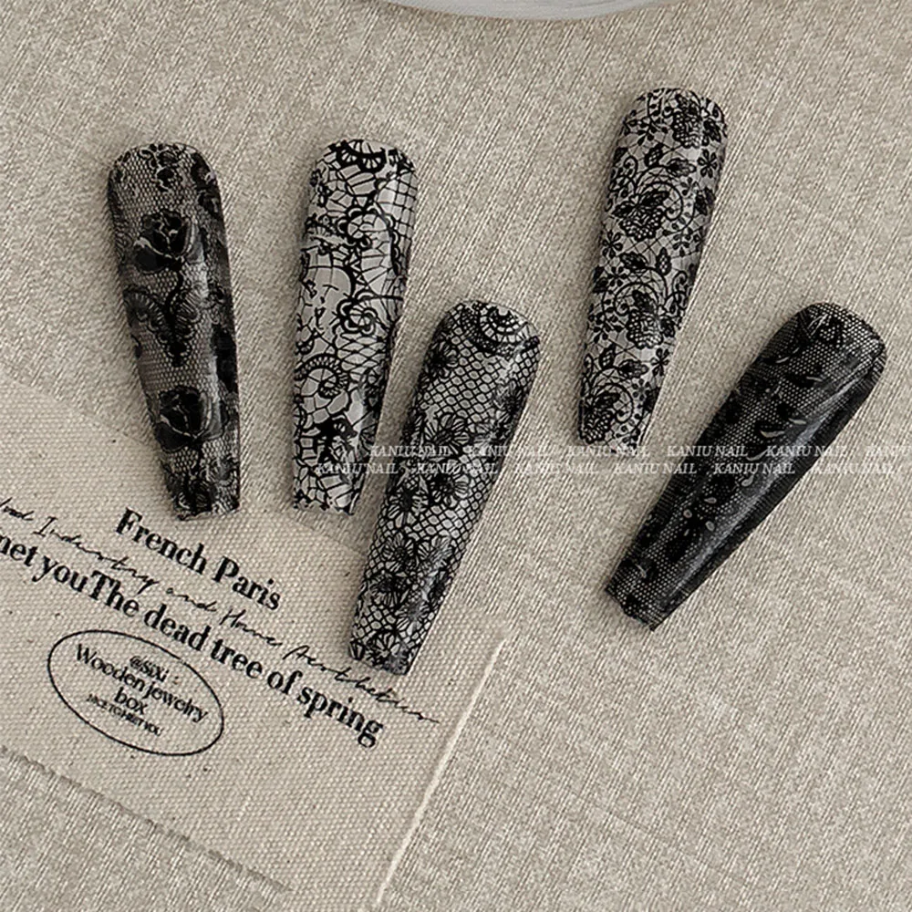 10 لفات النمط الياباني الأبيض الدانتيل مسمار نقل احباط ملصق الأزهار مخرمة الدانتيل نقل الأظافر احباط الشارات المياه الرخام مانيكير