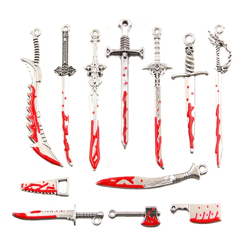 10PCS 13 Styles Mix Alloy Hallween Masquerade Party Game Performance Supplies Prank Scary Props Sharp Bloods Knife Sword Pendant