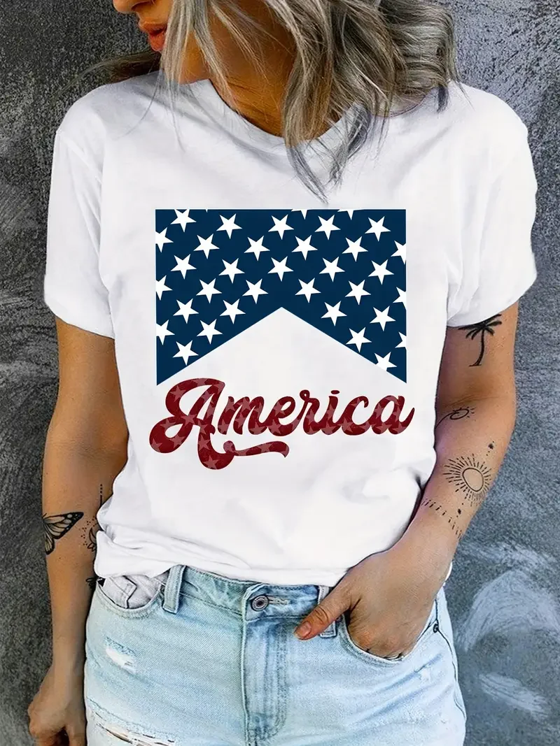 

Letter America and star Graphic T-Shirt Women's Summer Fashion Harajuku Casual O-Neck Short sleeve Leisure clothes minimalist
